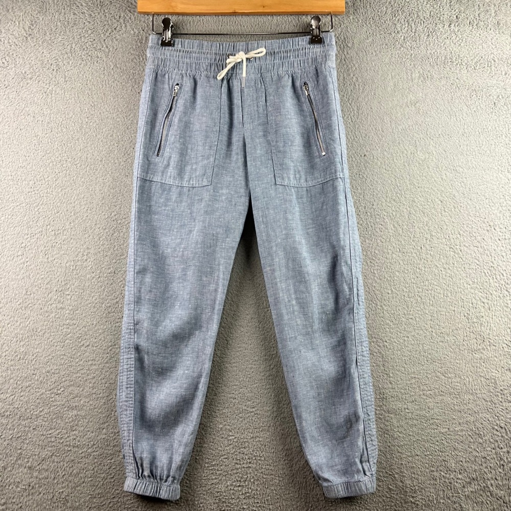 Athleta Cabo Linen Jogger Pants Blue 0P Drawstring Elastic Waist Zip Pockets